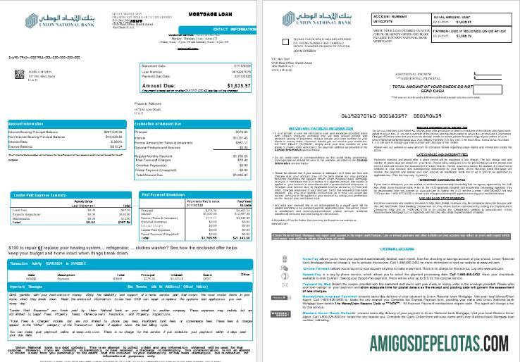 Declaração de empréstimo hipotecário do Banco Nacional da União de Abu Dhabi dos Emirados Árabes Unidos em formatos Word e PDF, 8 páginas 1 2 modelo